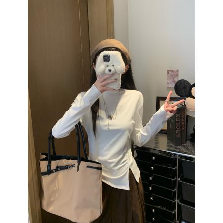 FA50280# 半高领长袖T恤秋冬大码女装抓绒保暖遮肉打底衫上衣 服裝批發女裝批發服飾貨源