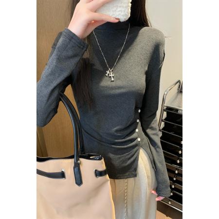 FA50280# 半高领长袖T恤秋冬大码女装抓绒保暖遮肉打底衫上衣 服裝批發女裝批發服飾貨源