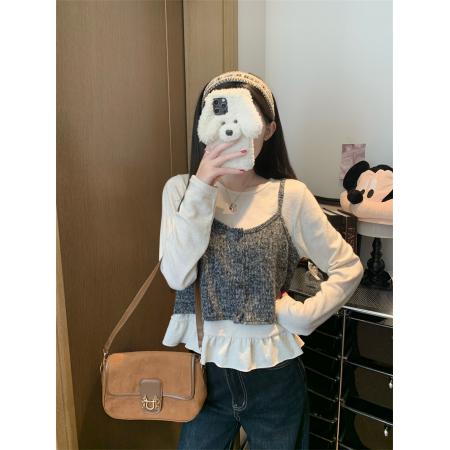 FA50281# 圆领荷叶边下摆长袖内搭上衣女秋吊带背心两件套装 服裝批發女裝批發服飾貨源