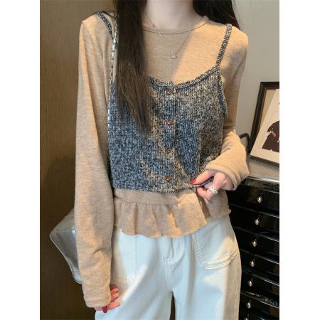 FA50281# 圆领荷叶边下摆长袖内搭上衣女秋吊带背心两件套装 服裝批發女裝批發服飾貨源