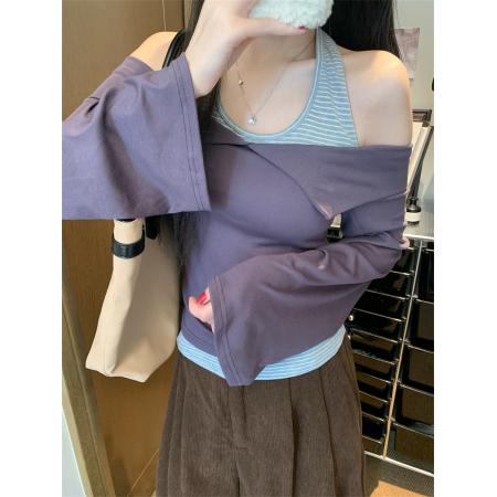 FA50282# 韩版设计感小众假两件长袖T恤修身显瘦百搭上衣女秋 服裝批發女裝批發服飾貨源