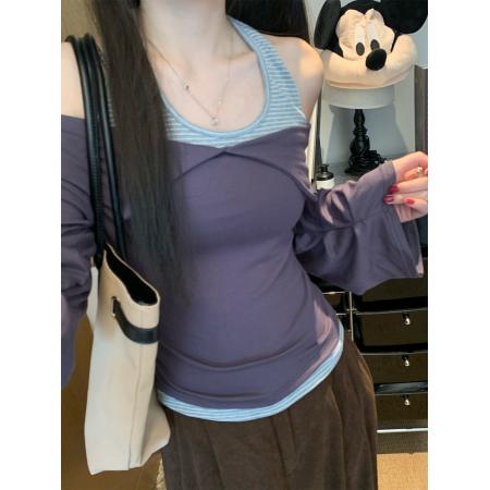 FA50282# 韩版设计感小众假两件长袖T恤修身显瘦百搭上衣女秋 服裝批發女裝批發服飾貨源