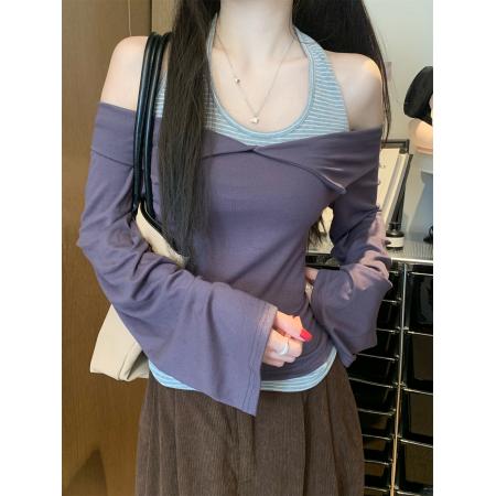 FA50282# 韩版设计感小众假两件长袖T恤修身显瘦百搭上衣女秋 服裝批發女裝批發服飾貨源