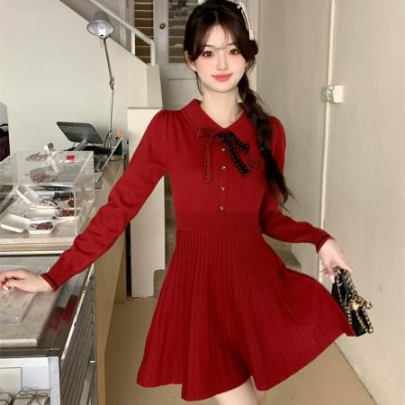 FA50285# 红色连衣裙女春秋冬法式小个子千金气质小香风内搭打底针织裙 服裝批發女裝批發服飾貨源