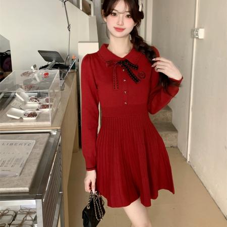 FA50285# 红色连衣裙女春秋冬法式小个子千金气质小香风内搭打底针织裙 服裝批發女裝批發服飾貨源