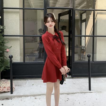 FA50285# 红色连衣裙女春秋冬法式小个子千金气质小香风内搭打底针织裙 服裝批發女裝批發服飾貨源