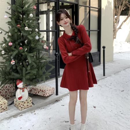 FA50285# 红色连衣裙女春秋冬法式小个子千金气质小香风内搭打底针织裙 服裝批發女裝批發服飾貨源