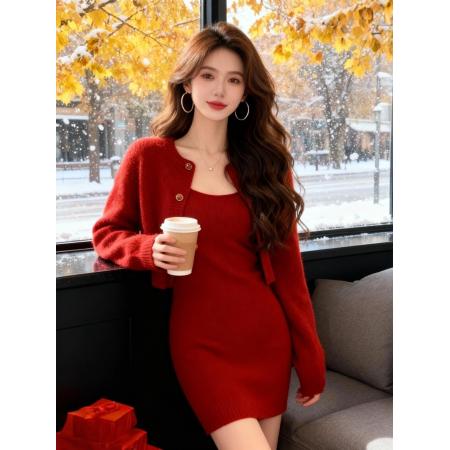 FA50286# 韩国加厚仿貂绒针织毛衣千金风套装圣诞敬酒红色洋气连衣裙两件套 服裝批發女裝批發服飾貨源