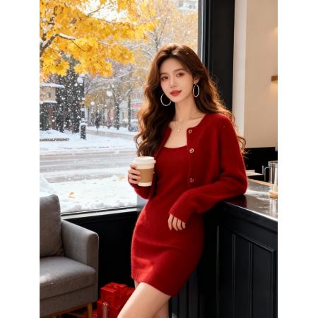 FA50286# 韩国加厚仿貂绒针织毛衣千金风套装圣诞敬酒红色洋气连衣裙两件套 服裝批發女裝批發服飾貨源