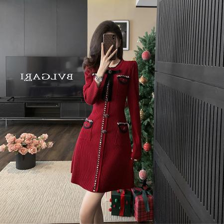 FA50288# 秋冬季小香风圆领针织连衣裙圣诞喜庆红色显瘦气质外穿打底毛衣裙 服裝批發女裝批發服飾貨源