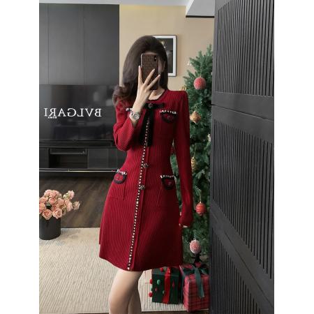 FA50288# 秋冬季小香风圆领针织连衣裙圣诞喜庆红色显瘦气质外穿打底毛衣裙 服裝批發女裝批發服飾貨源