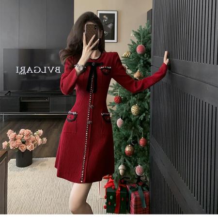 FA50288# 秋冬季小香风圆领针织连衣裙圣诞喜庆红色显瘦气质外穿打底毛衣裙 服裝批發女裝批發服飾貨源