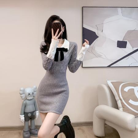 FA50289# 韩国气质小香风配大衣针织连衣裙女秋冬小个子包臀内搭打底毛衣裙 服裝批發女裝批發服飾貨源