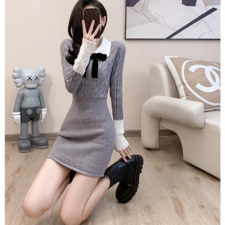 FA50289# 韩国气质小香风配大衣针织连衣裙女秋冬小个子包臀内搭打底毛衣裙 服裝批發女裝批發服飾貨源