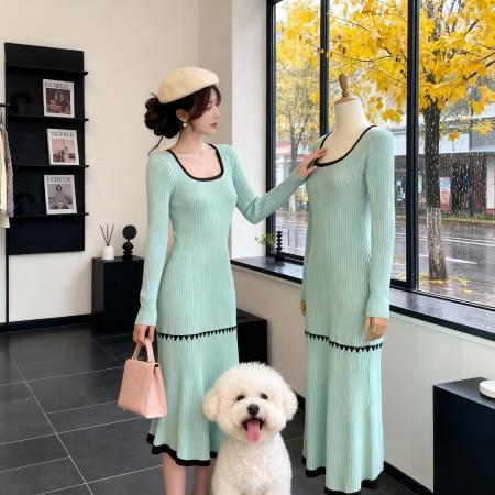 FA50291# 韩国轻熟简约风方领针织毛衣连衣裙女秋冬小香风内搭打底过膝长裙 服裝批發女裝批發服飾貨源