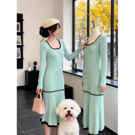 FA50291# 韩国轻熟简约风方领针织毛衣连衣裙女秋冬小香风内搭打底过膝长裙 服裝批發女裝批發服飾貨源