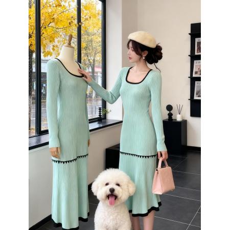 FA50291# 韩国轻熟简约风方领针织毛衣连衣裙女秋冬小香风内搭打底过膝长裙 服裝批發女裝批發服飾貨源