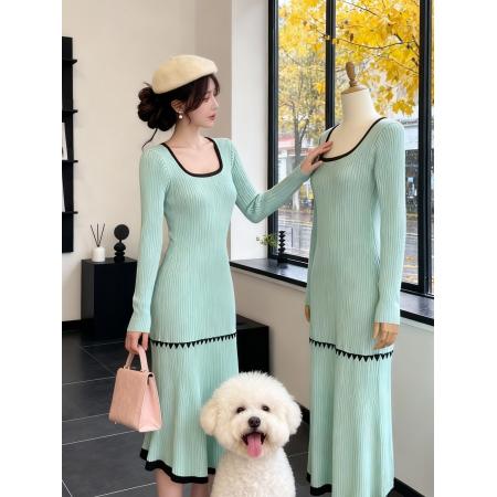 FA50291# 韩国轻熟简约风方领针织毛衣连衣裙女秋冬小香风内搭打底过膝长裙 服裝批發女裝批發服飾貨源