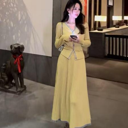 FA50292# 千金洋气减龄小香风开衫+百褶裙2件套套装 服裝批發女裝批發服飾貨源