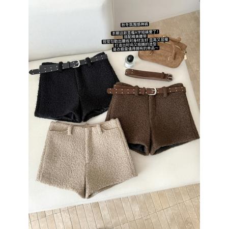 FA50298# 羊毛圈圈毛呢短裤长腿显瘦女短款百搭休闲裤配腰带 服裝批發女裝批發服飾貨源