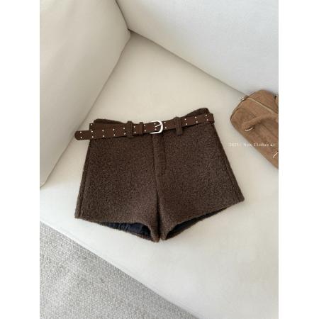 FA50298# 羊毛圈圈毛呢短裤长腿显瘦女短款百搭休闲裤配腰带 服裝批發女裝批發服飾貨源