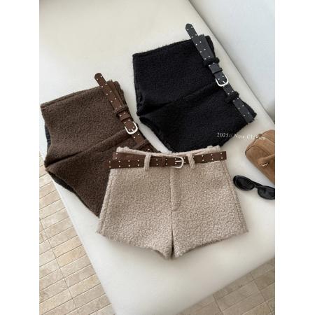 FA50298# 羊毛圈圈毛呢短裤长腿显瘦女短款百搭休闲裤配腰带 服裝批發女裝批發服飾貨源