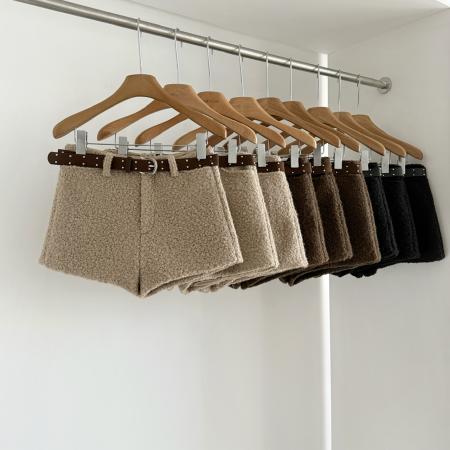 FA50298# 羊毛圈圈毛呢短裤长腿显瘦女短款百搭休闲裤配腰带 服裝批發女裝批發服飾貨源