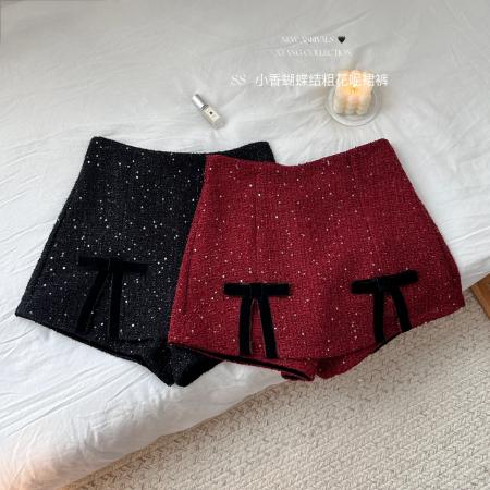 FA50301# 韩系气质甜美亮片蝴蝶结短裙裤女冬季高腰显瘦A字短裤裙子 服裝批發女裝批發服飾貨源