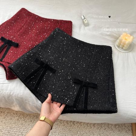 FA50301# 韩系气质甜美亮片蝴蝶结短裙裤女冬季高腰显瘦A字短裤裙子 服裝批發女裝批發服飾貨源