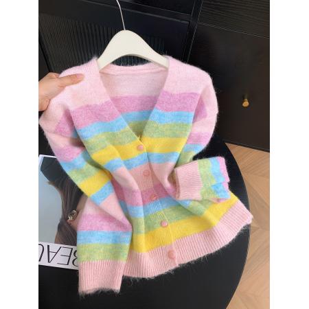 FA50302# 控价20糖果色彩虹条纹浣熊绒毛衣外套女外穿短款针织开衫 服裝批發女裝批發服飾貨源