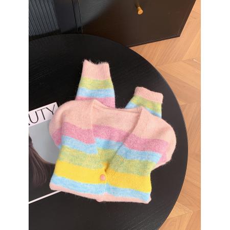 FA50302# 控价20糖果色彩虹条纹浣熊绒毛衣外套女外穿短款针织开衫 服裝批發女裝批發服飾貨源