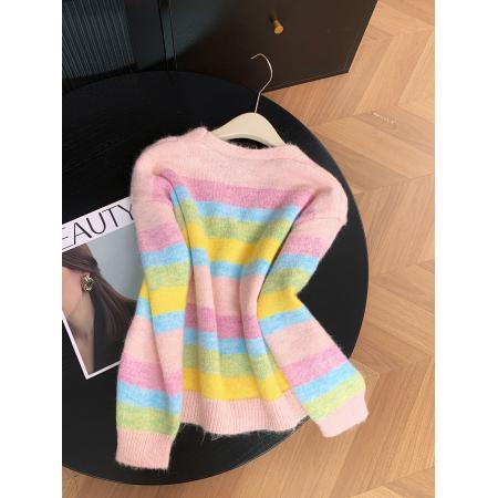 FA50302# 控价20糖果色彩虹条纹浣熊绒毛衣外套女外穿短款针织开衫 服裝批發女裝批發服飾貨源