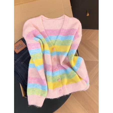 FA50302# 控价20糖果色彩虹条纹浣熊绒毛衣外套女外穿短款针织开衫 服裝批發女裝批發服飾貨源
