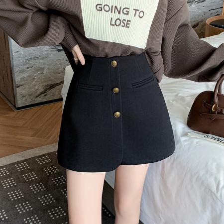 FA50303# 毛呢排扣短裙裤半身裙裤女毛呢a字呢子短裤秋冬阔腿裤裙 服裝批發女裝批發服飾貨源