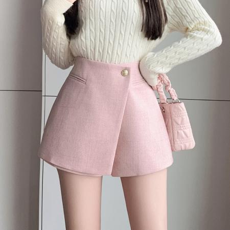 FA50304# 小香风短裤女秋冬呢子a字裙裤高腰阔腿靴裤外穿纽扣裤裙 服裝批發女裝批發服飾貨源