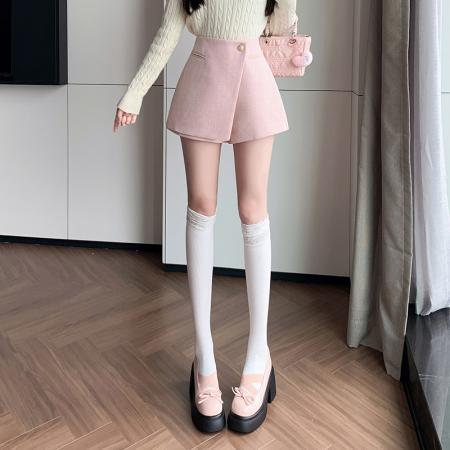 FA50304# 小香风短裤女秋冬呢子a字裙裤高腰阔腿靴裤外穿纽扣裤裙 服裝批發女裝批發服飾貨源