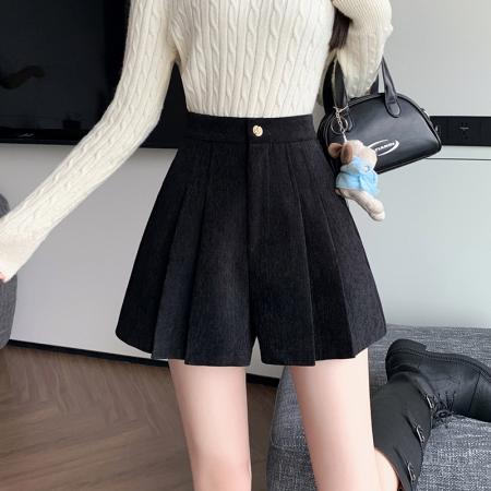 FA50308# 雪尼尔毛呢短裤女秋冬新款呢子a字裙裤高腰百褶半裙裤女 服裝批發女裝批發服飾貨源