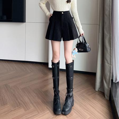 FA50308# 雪尼尔毛呢短裤女秋冬新款呢子a字裙裤高腰百褶半裙裤女 服裝批發女裝批發服飾貨源