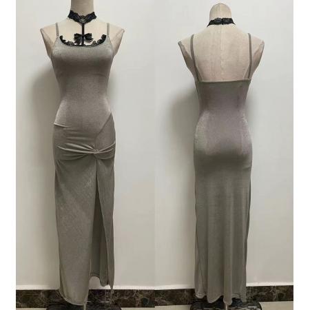 FA50309# 挂脖时尚蕾丝吊带开叉性感礼服长裙连衣裙紧身包臀连衣裙 服裝批發女裝批發服飾貨源