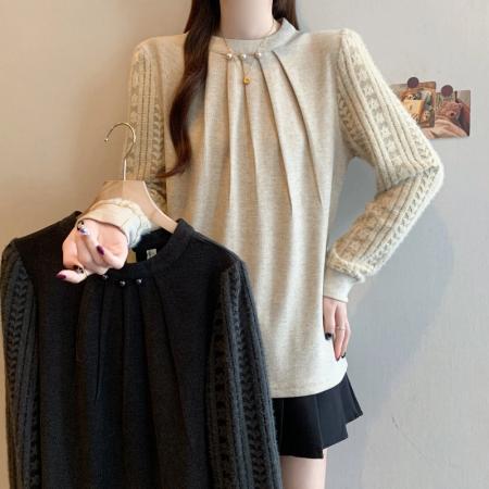 FA50311# 秋冬新款大码女装时尚设计钉珠蕾丝拼接针织打底衬衫上衣 服裝批發女裝批發服飾貨源