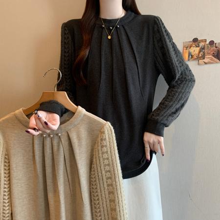 FA50311# 秋冬新款大码女装时尚设计钉珠蕾丝拼接针织打底衬衫上衣 服裝批發女裝批發服飾貨源