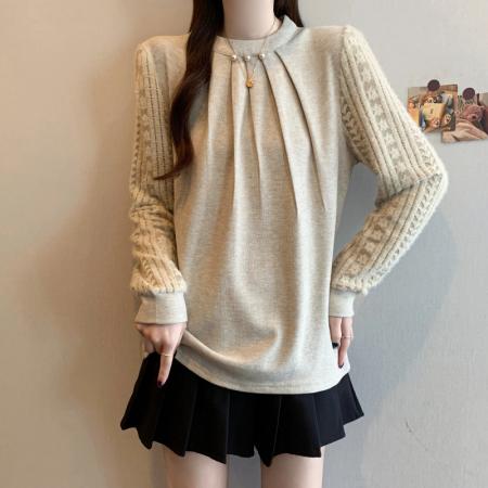 FA50311# 秋冬新款大码女装时尚设计钉珠蕾丝拼接针织打底衬衫上衣 服裝批發女裝批發服飾貨源