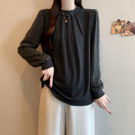 FA50311# 秋冬新款大码女装时尚设计钉珠蕾丝拼接针织打底衬衫上衣 服裝批發女裝批發服飾貨源