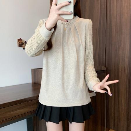 FA50311# 秋冬新款大码女装时尚设计钉珠蕾丝拼接针织打底衬衫上衣 服裝批發女裝批發服飾貨源