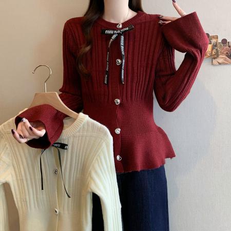 FA50312# 秋冬新款大码女小香风系带蝴蝶结荷叶边收腰显瘦针织上衣 服裝批發女裝批發服飾貨源