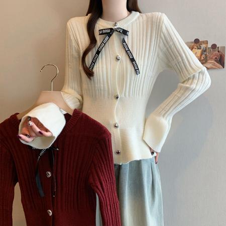 FA50312# 秋冬新款大码女小香风系带蝴蝶结荷叶边收腰显瘦针织上衣 服裝批發女裝批發服飾貨源