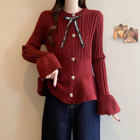 FA50312# 秋冬新款大码女小香风系带蝴蝶结荷叶边收腰显瘦针织上衣 服裝批發女裝批發服飾貨源