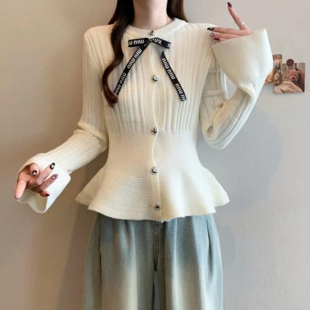 FA50312# 秋冬新款大码女小香风系带蝴蝶结荷叶边收腰显瘦针织上衣 服裝批發女裝批發服飾貨源