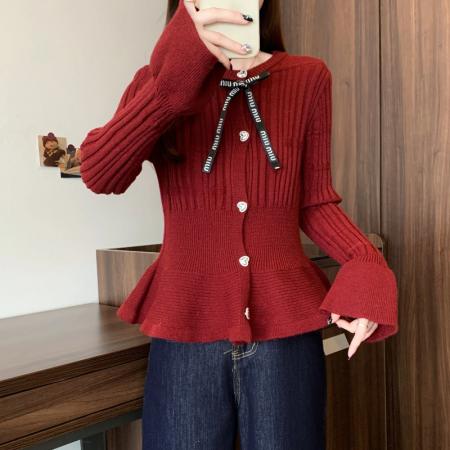 FA50312# 秋冬新款大码女小香风系带蝴蝶结荷叶边收腰显瘦针织上衣 服裝批發女裝批發服飾貨源