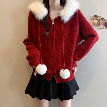 FA50313# 冬季新款大码女装韩系设计拉链连帽毛领宽松慵懒针织上衣 服裝批發女裝批發服飾貨源